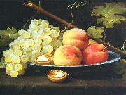 Nature morte aux peches, raisins et noix sur un entablement Jacob van Es